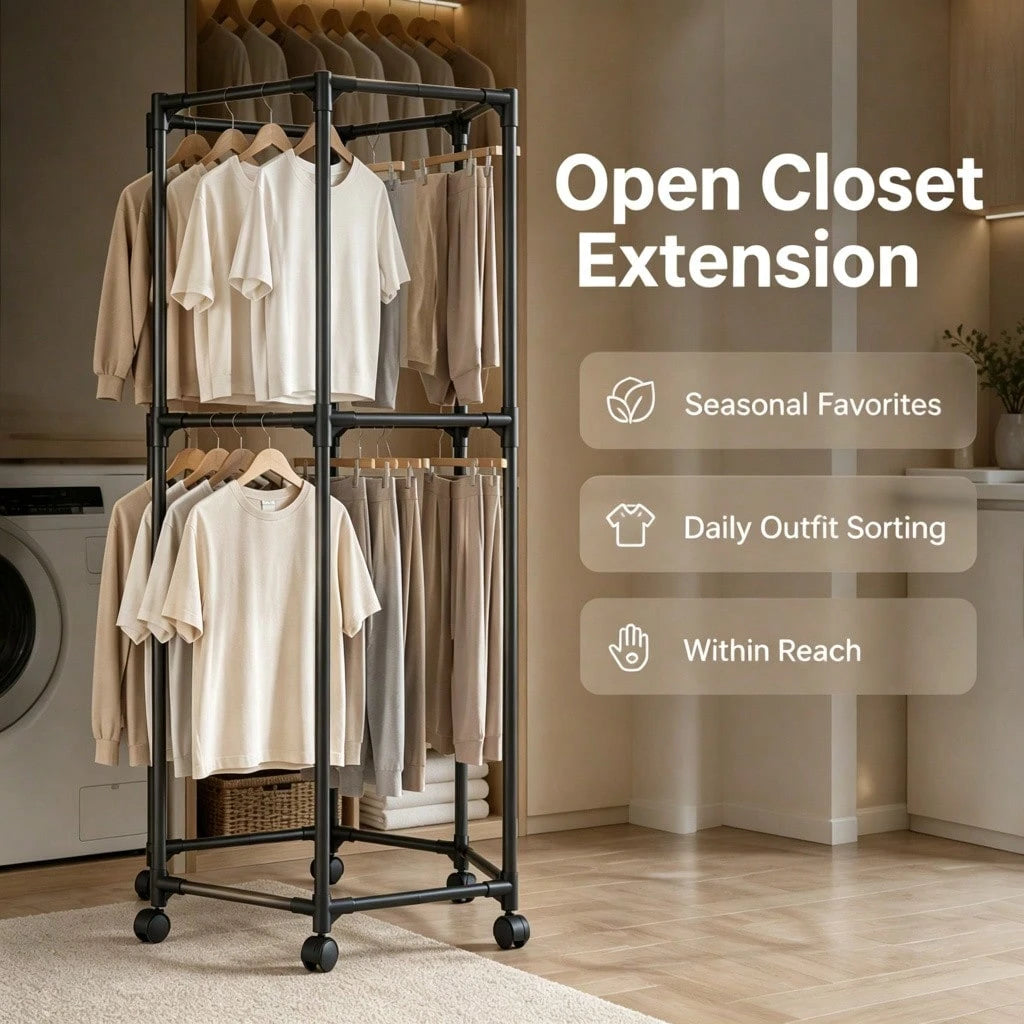 Double Tier Rolling Garment Rack- Black Hexagonal Clothing Rack With Wheels, 2-Layer Corner Friendly Clothes Organizer For Laundry Bedroom Small Space