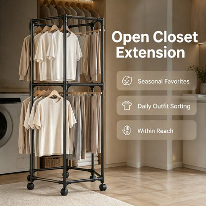 Double Tier Rolling Garment Rack- Black Hexagonal Clothing Rack With Wheels, 2-Layer Corner Friendly Clothes Organizer For Laundry Bedroom Small Space