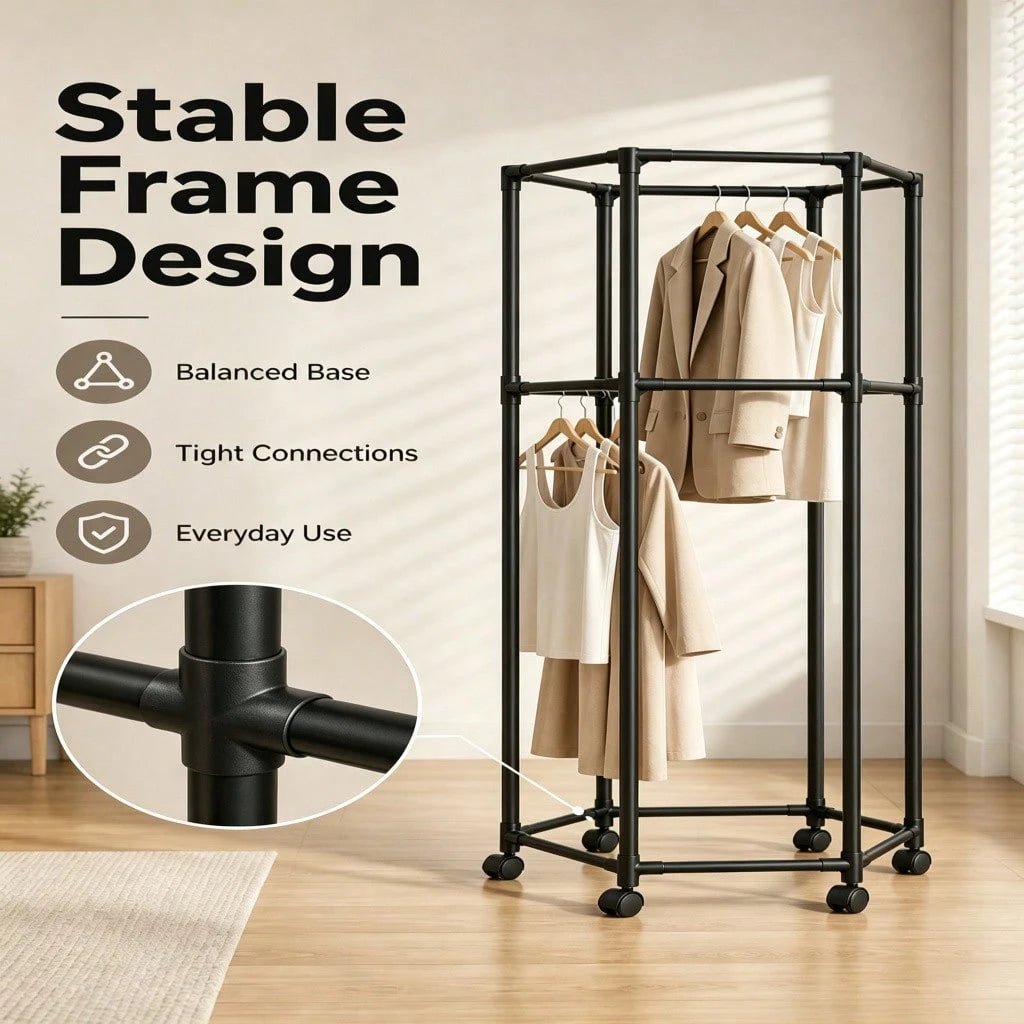 Double Tier Rolling Garment Rack- Black Hexagonal Clothing Rack With Wheels, 2-Layer Corner Friendly Clothes Organizer For Laundry Bedroom Small Space