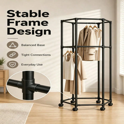 Double Tier Rolling Garment Rack- Black Hexagonal Clothing Rack With Wheels, 2-Layer Corner Friendly Clothes Organizer For Laundry Bedroom Small Space