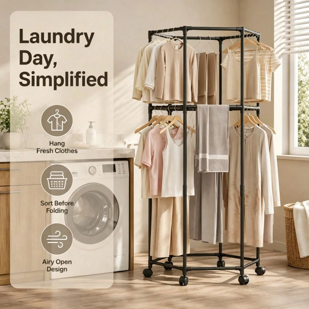 Double Tier Rolling Garment Rack- Black Hexagonal Clothing Rack With Wheels, 2-Layer Corner Friendly Clothes Organizer For Laundry Bedroom Small Space