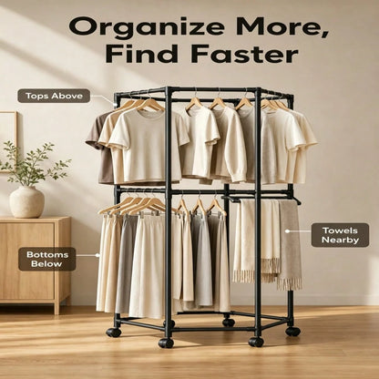 Double Tier Rolling Garment Rack- Black Hexagonal Clothing Rack With Wheels, 2-Layer Corner Friendly Clothes Organizer For Laundry Bedroom Small Space