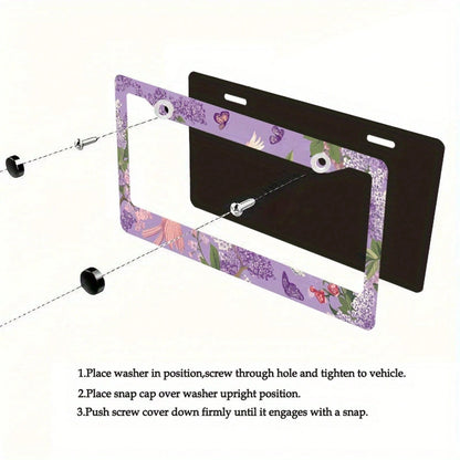 Dreamy Floral Metal License Plate Frame, Featuring A Purple Lily And Butterfly Design, Compatible With American And Many International Vehicles.Comes With Pre-Drilled Holes For Easy Installation (Acce