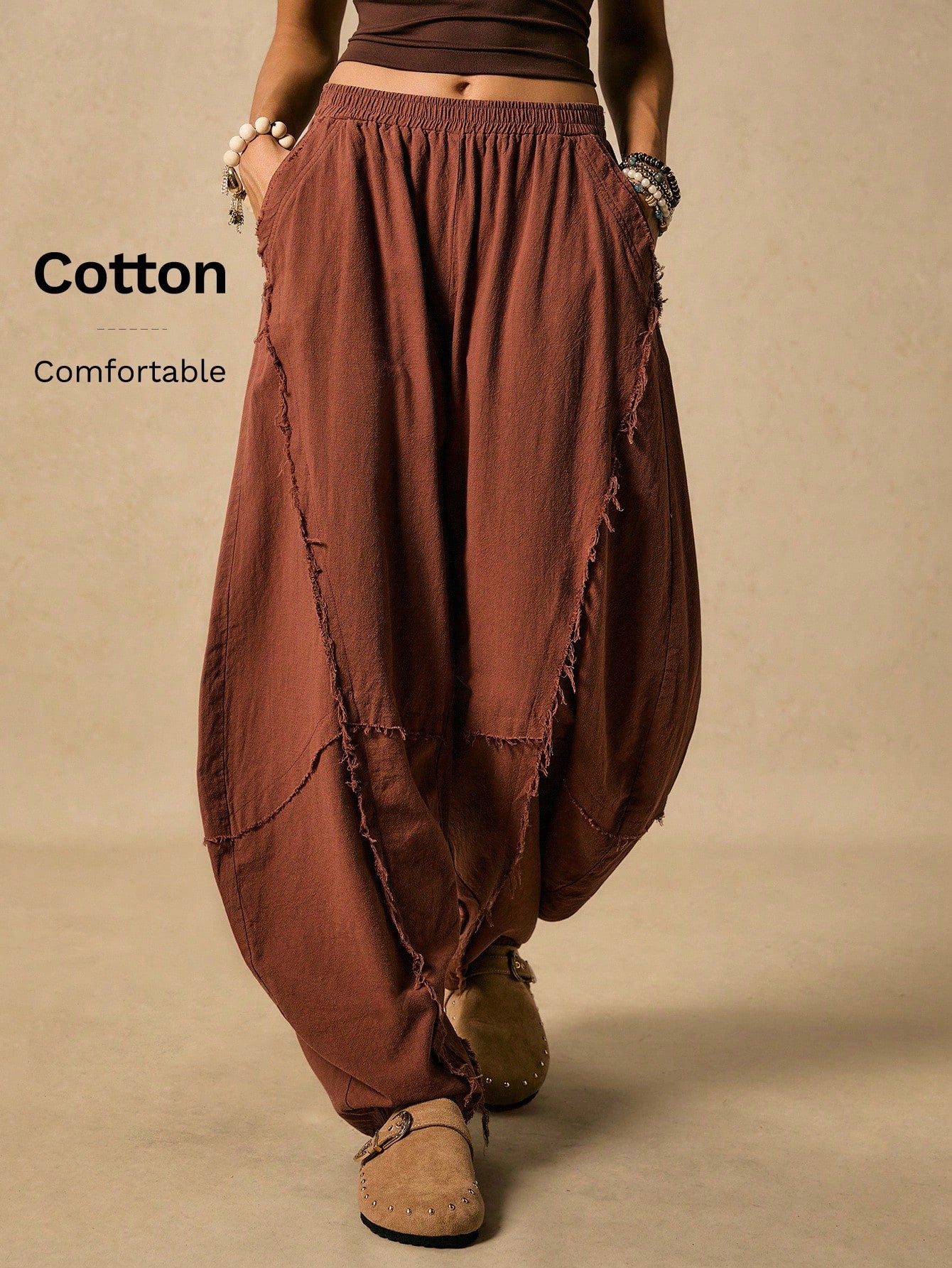 Easelle Vintage Western Boho Casual Retro Rust Brown Curved Blade Design Women's Pants Edge Cutting Design Autumn Women Clothes Vacation