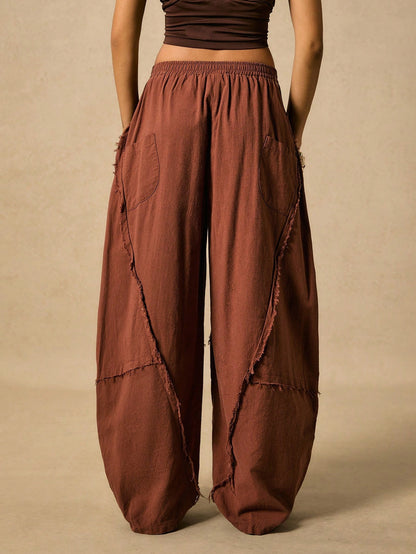 Easelle Vintage Western Boho Casual Retro Rust Brown Curved Blade Design Women's Pants Edge Cutting Design Autumn Women Clothes Vacation