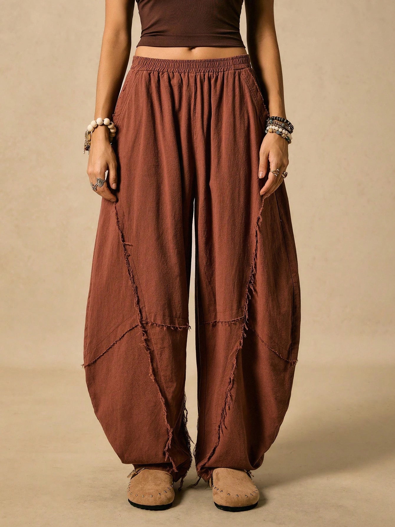 Easelle Vintage Western Boho Casual Retro Rust Brown Curved Blade Design Women's Pants Edge Cutting Design Autumn Women Clothes Vacation