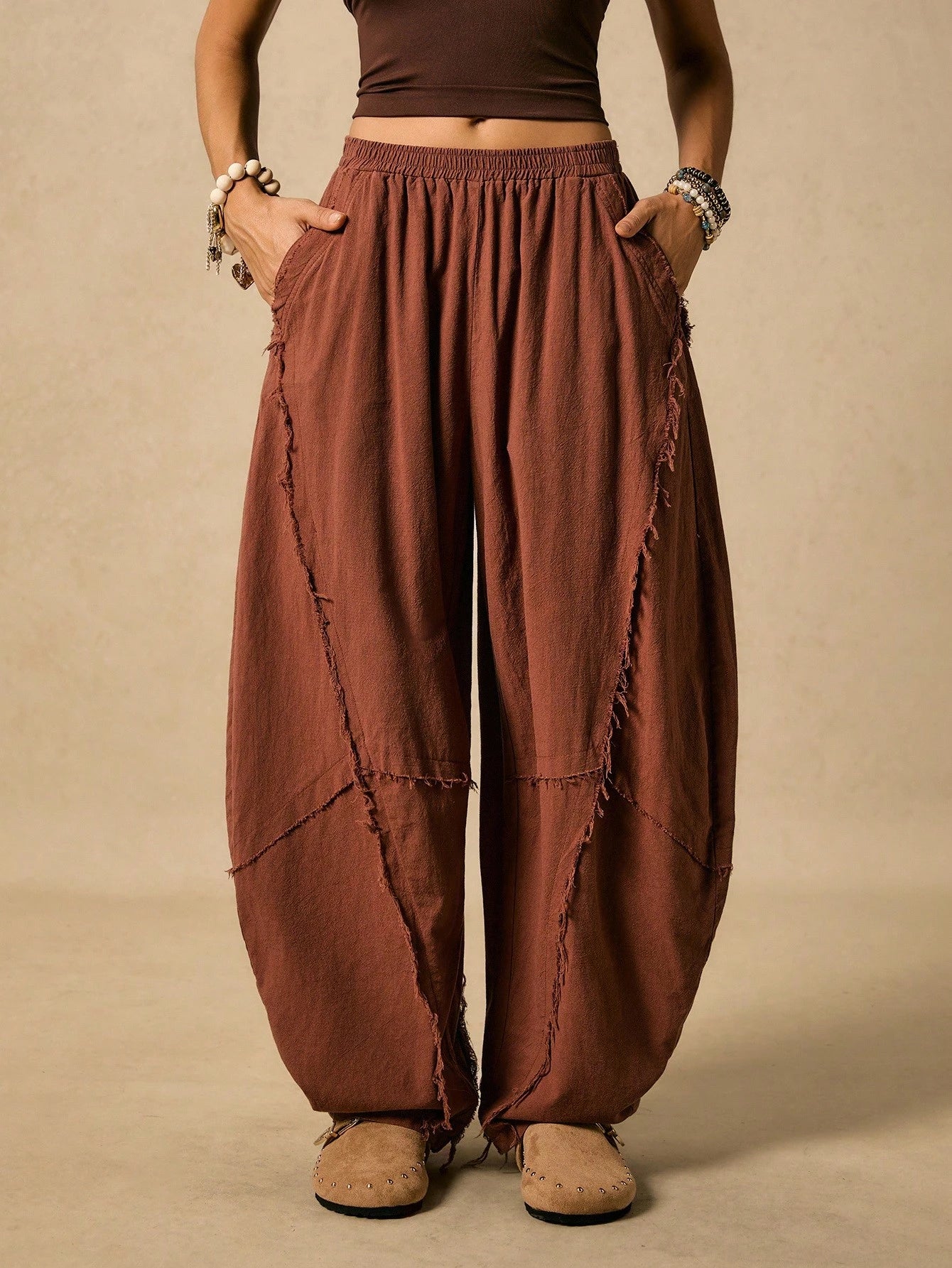 Easelle Vintage Western Boho Casual Retro Rust Brown Curved Blade Design Women's Pants Edge Cutting Design Autumn Women Clothes Vacation