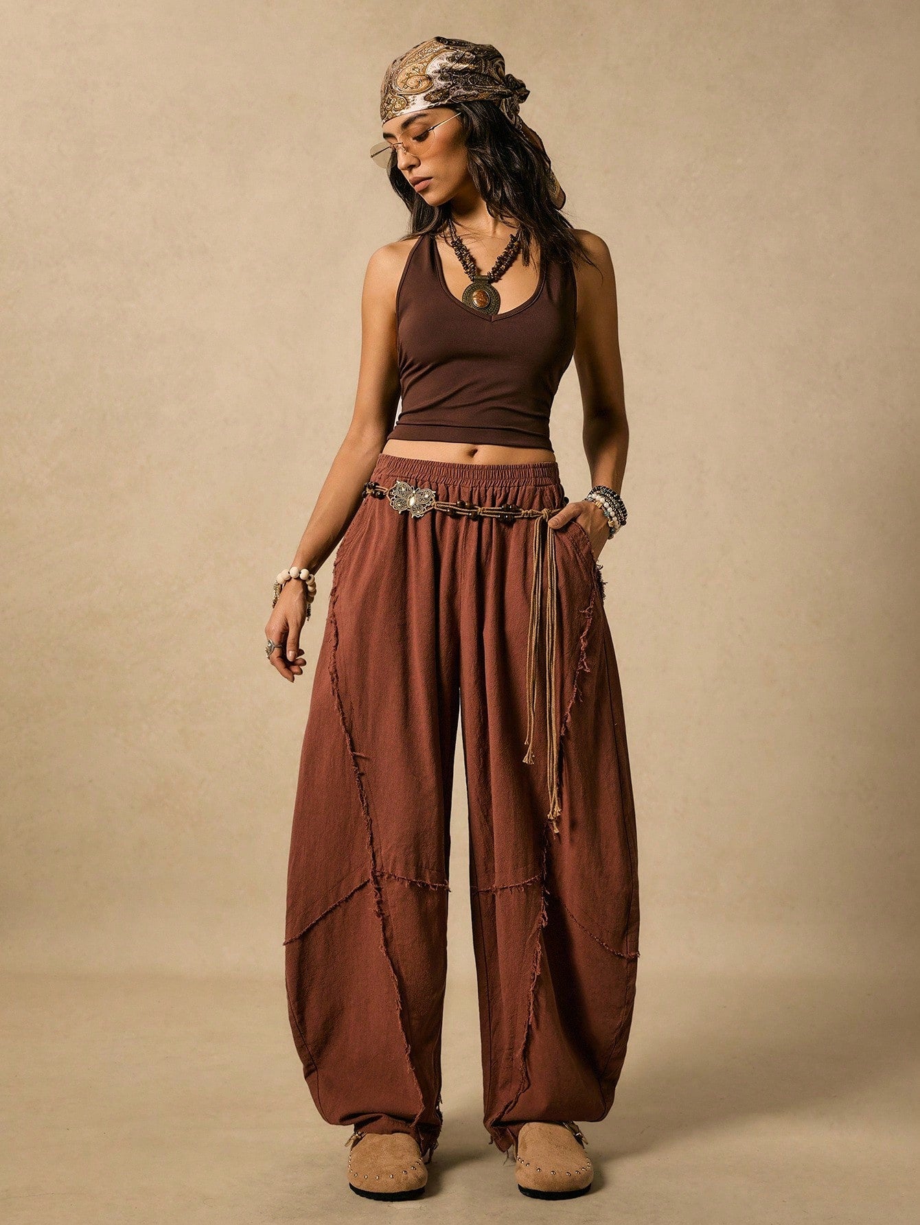 Easelle Vintage Western Boho Casual Retro Rust Brown Curved Blade Design Women's Pants Edge Cutting Design Autumn Women Clothes Vacation
