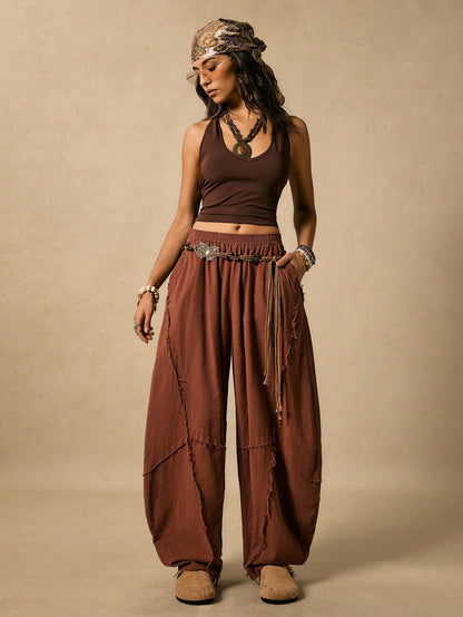Easelle Vintage Western Boho Casual Retro Rust Brown Curved Blade Design Women's Pants Edge Cutting Design Autumn Women Clothes Vacation