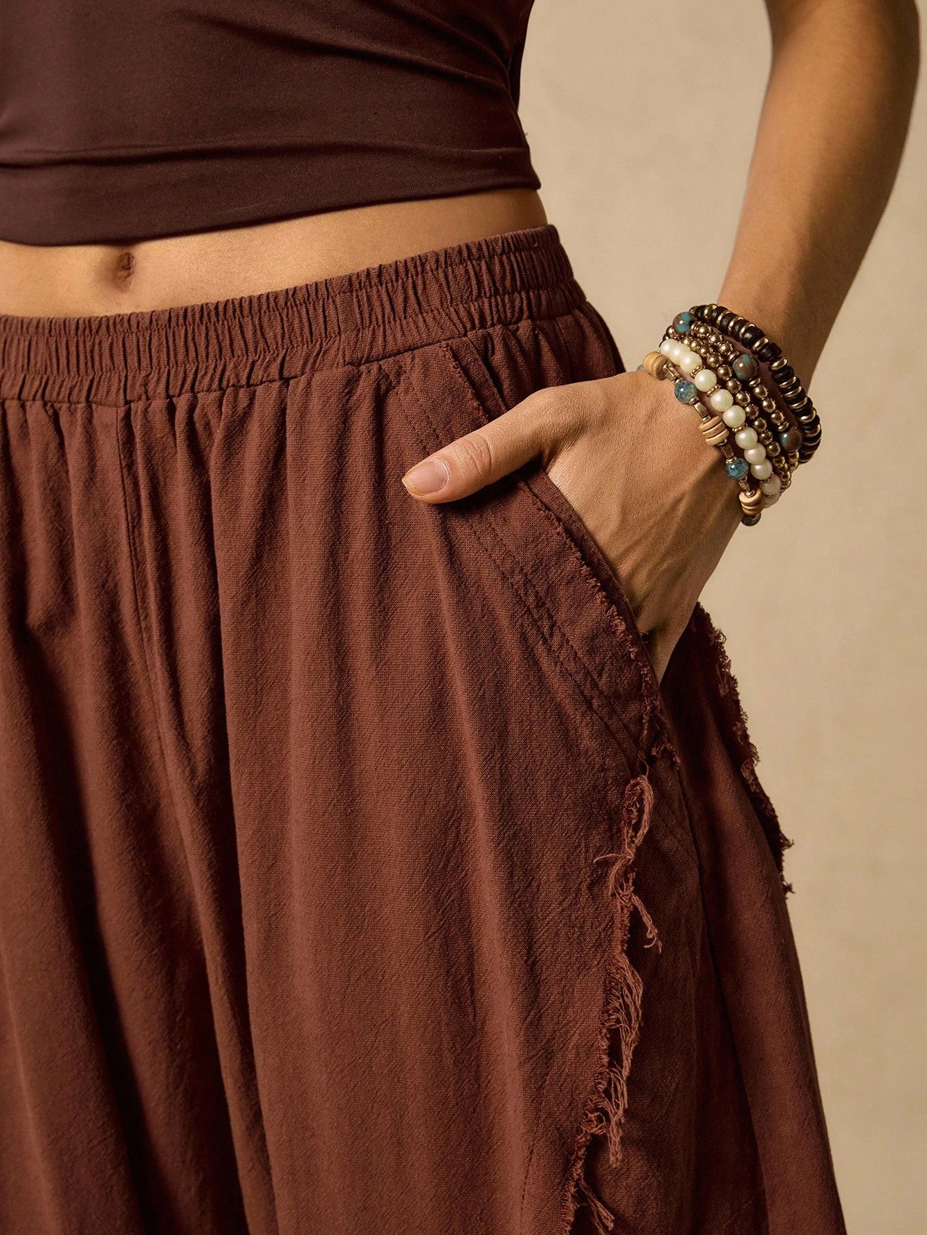 Easelle Vintage Western Boho Casual Retro Rust Brown Curved Blade Design Women's Pants Edge Cutting Design Autumn Women Clothes Vacation