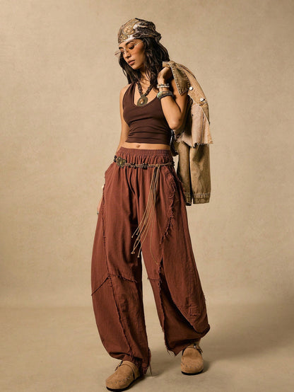 Easelle Vintage Western Boho Casual Retro Rust Brown Curved Blade Design Women's Pants Edge Cutting Design Autumn Women Clothes Vacation