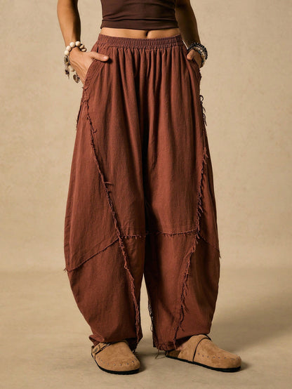 Easelle Vintage Western Boho Casual Retro Rust Brown Curved Blade Design Women's Pants Edge Cutting Design Autumn Women Clothes Vacation