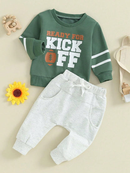 Easisim Toddler Baby Boy Rugby Outfit Long Sleeve Football Print Sweatshirt Top Pants Set Sweatsuit 2Pcs Infant Fall Winter Clothes