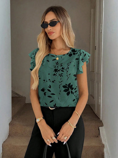 Easowa Spring Silhouette Flower Print Ruffle Hem Round Neck Women Blouse Cap Sleeve Tops For Summer Casual Top Floral