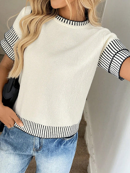 Easowa Women's Stripe Contrast Trim Knit Blouse With Short Sleeve,Knitted Sweater