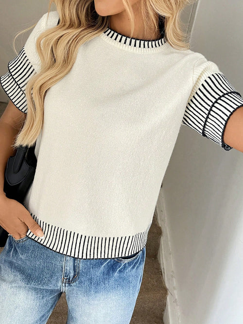 Easowa Women's Stripe Contrast Trim Knit Blouse With Short Sleeve,Knitted Sweater