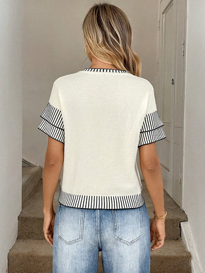 Easowa Women's Stripe Contrast Trim Knit Blouse With Short Sleeve,Knitted Sweater