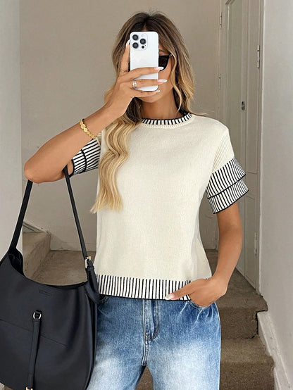 Easowa Women's Stripe Contrast Trim Knit Blouse With Short Sleeve,Knitted Sweater