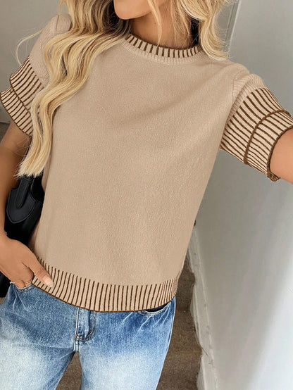Easowa Women's Stripe Contrast Trim Knit Blouse With Short Sleeve,Knitted Sweater