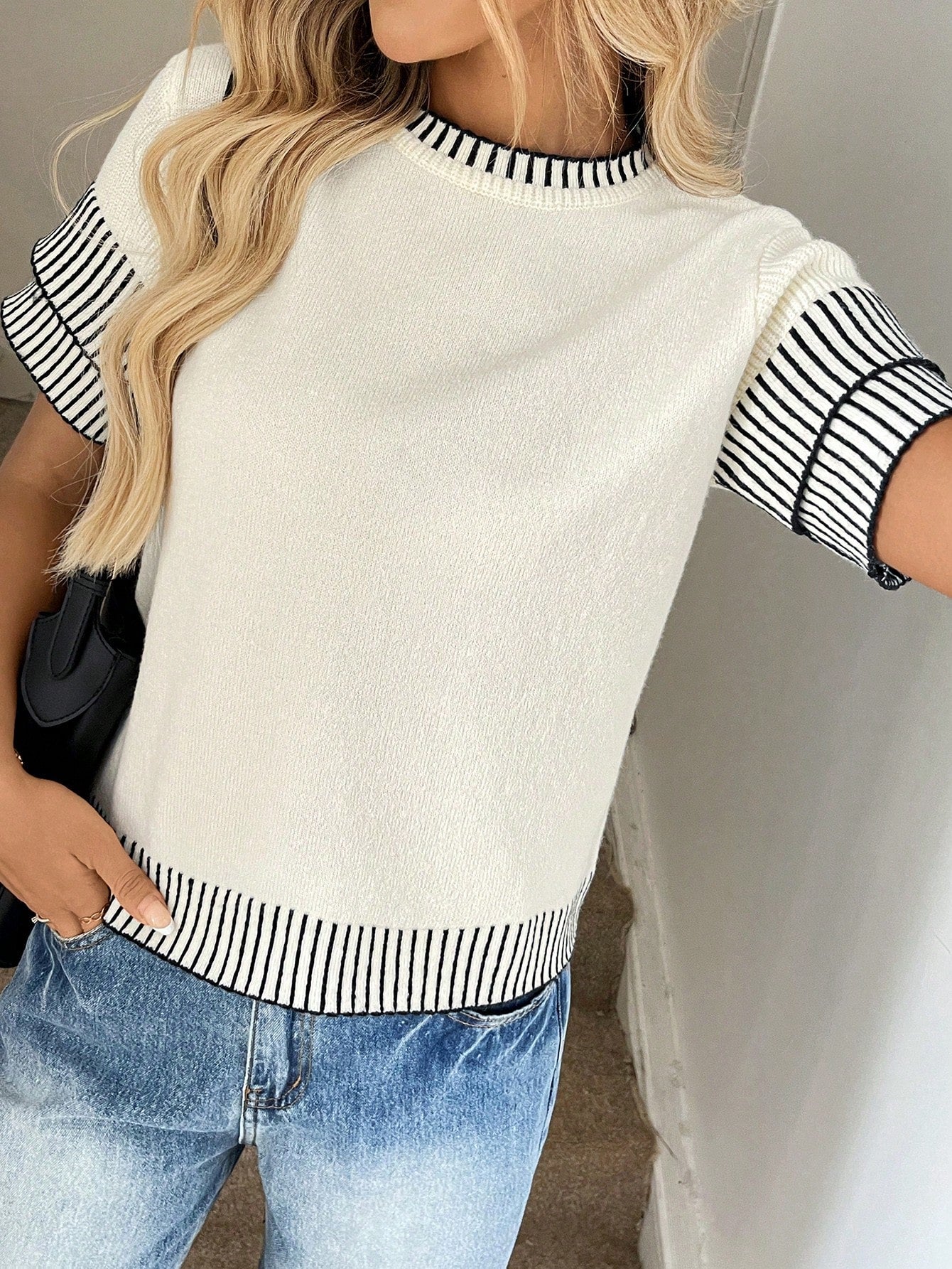 Easowa Women's Stripe Contrast Trim Knit Blouse With Short Sleeve,Knitted Sweater