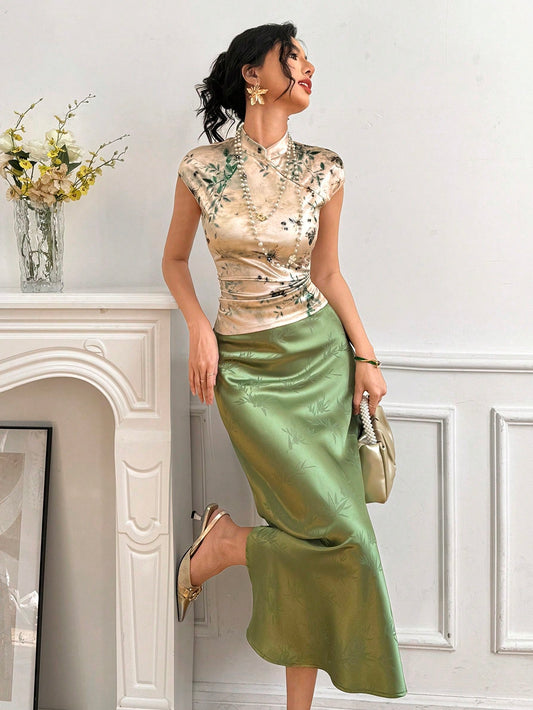 EastFlair Elegant Floral Print Stand Collar Satin Blouse/Summer\Chinese Style Blouse\Flower/Elegant Women's Blouses/Vacation Outfits Women/Holiday For Women