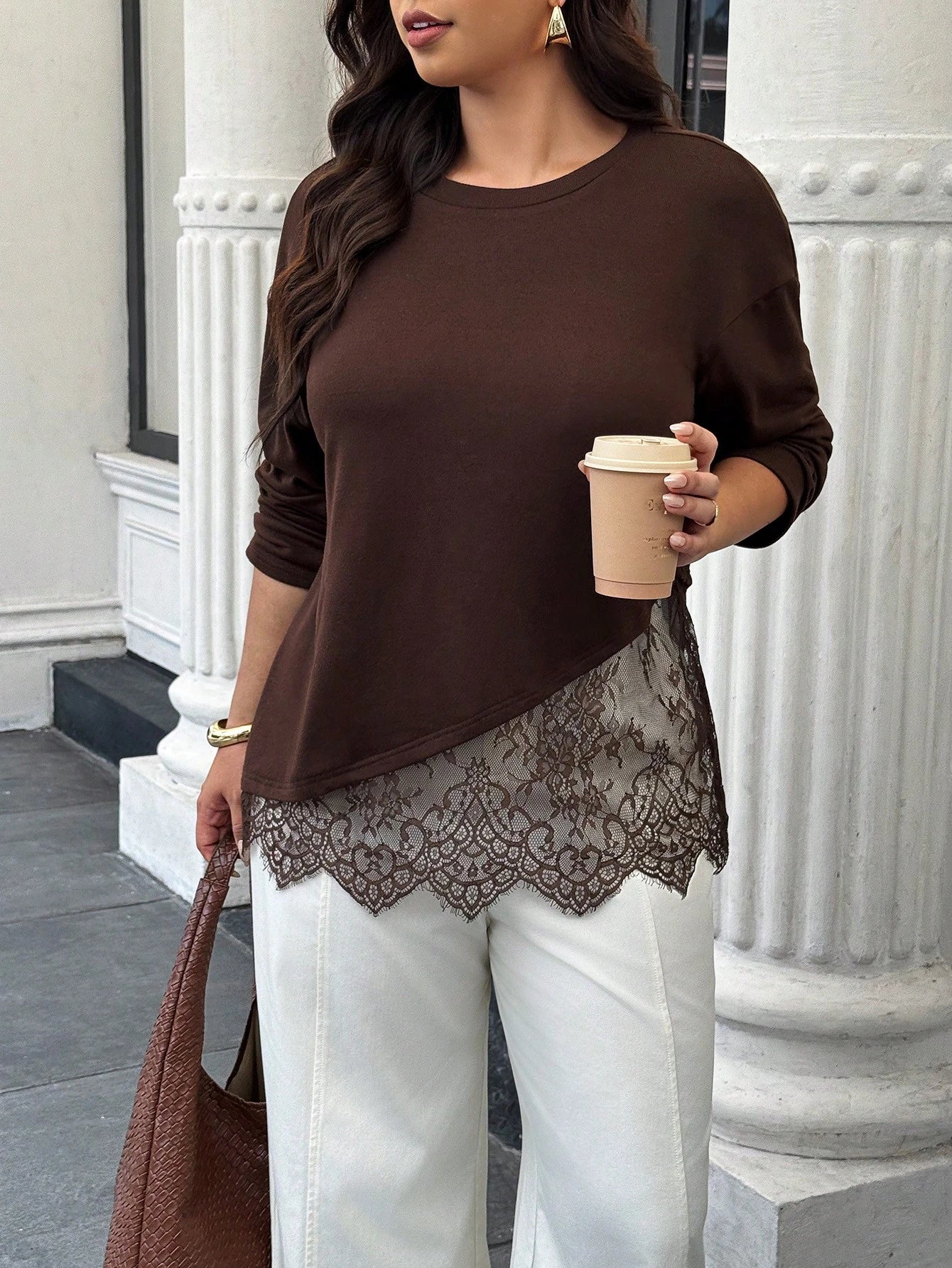 Easura Plus Size Women's Autumn/Winter Lace Patchwork Drop Shoulder Commuter T-Shirt Fall