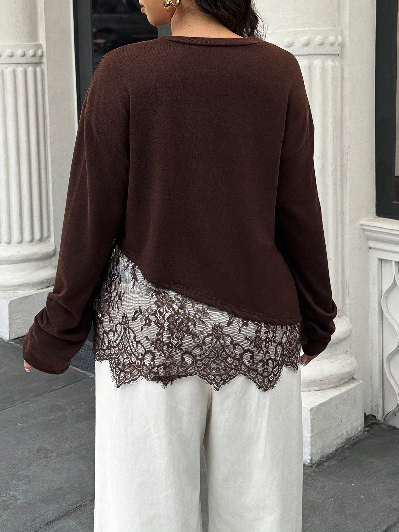 Easura Plus Size Women's Autumn/Winter Lace Patchwork Drop Shoulder Commuter T-Shirt Fall