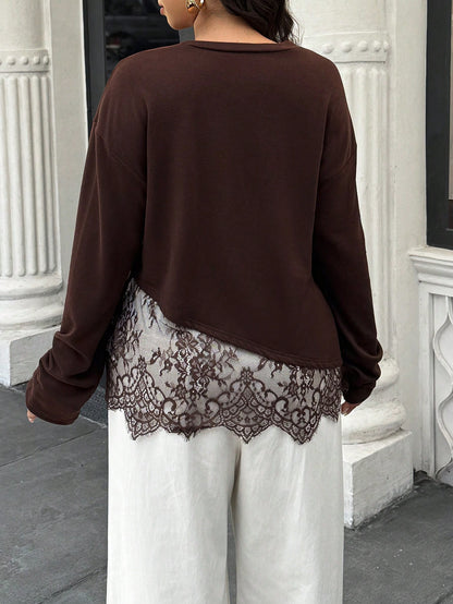 Easura Plus Size Women's Autumn/Winter Lace Patchwork Drop Shoulder Commuter T-Shirt Fall
