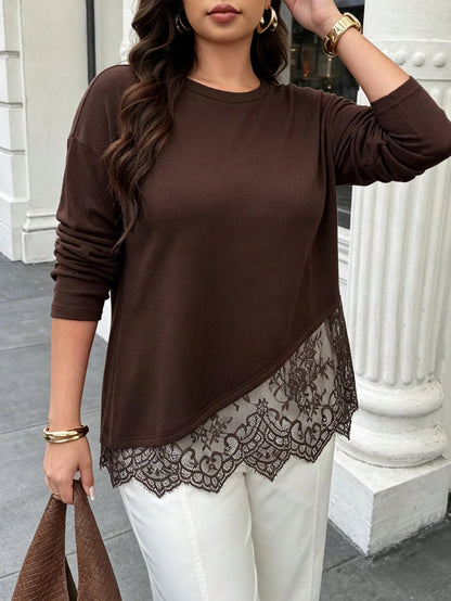 Easura Plus Size Women's Autumn/Winter Lace Patchwork Drop Shoulder Commuter T-Shirt Fall