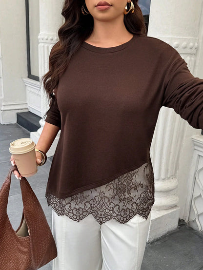 Easura Plus Size Women's Autumn/Winter Lace Patchwork Drop Shoulder Commuter T-Shirt Fall