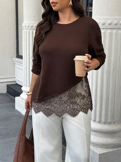 Easura Plus Size Women's Autumn/Winter Lace Patchwork Drop Shoulder Commuter T-Shirt Fall