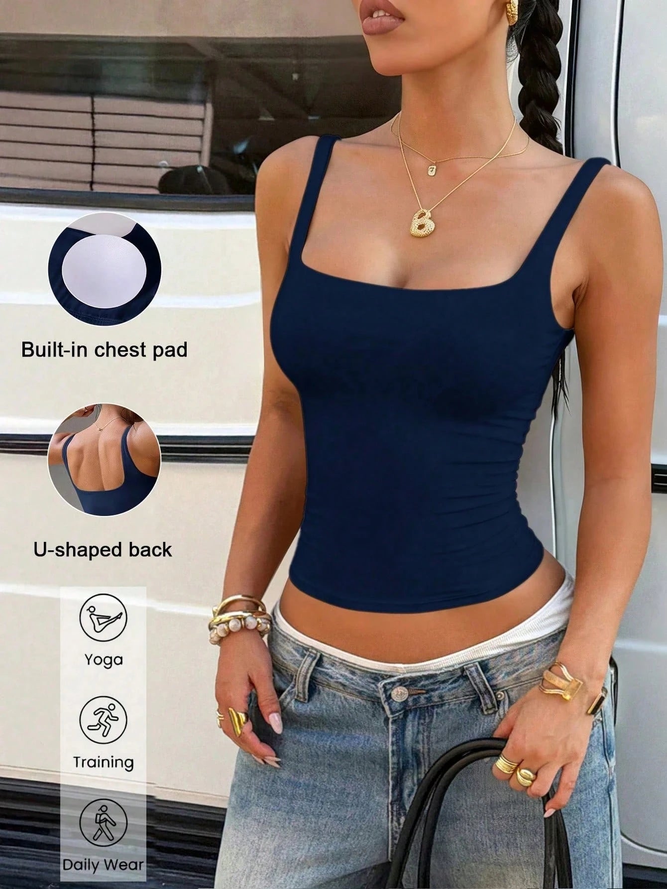 EDGEYOG Women's Navy Blue Sleeveless Cropped Sports Tank Top With Built-In Padded Cups, Knit Cropped Camisole, Suitable For Autumn/Summer Outdoor Fitness, Yoga, Pilates, Jogging, Gym, Back To School