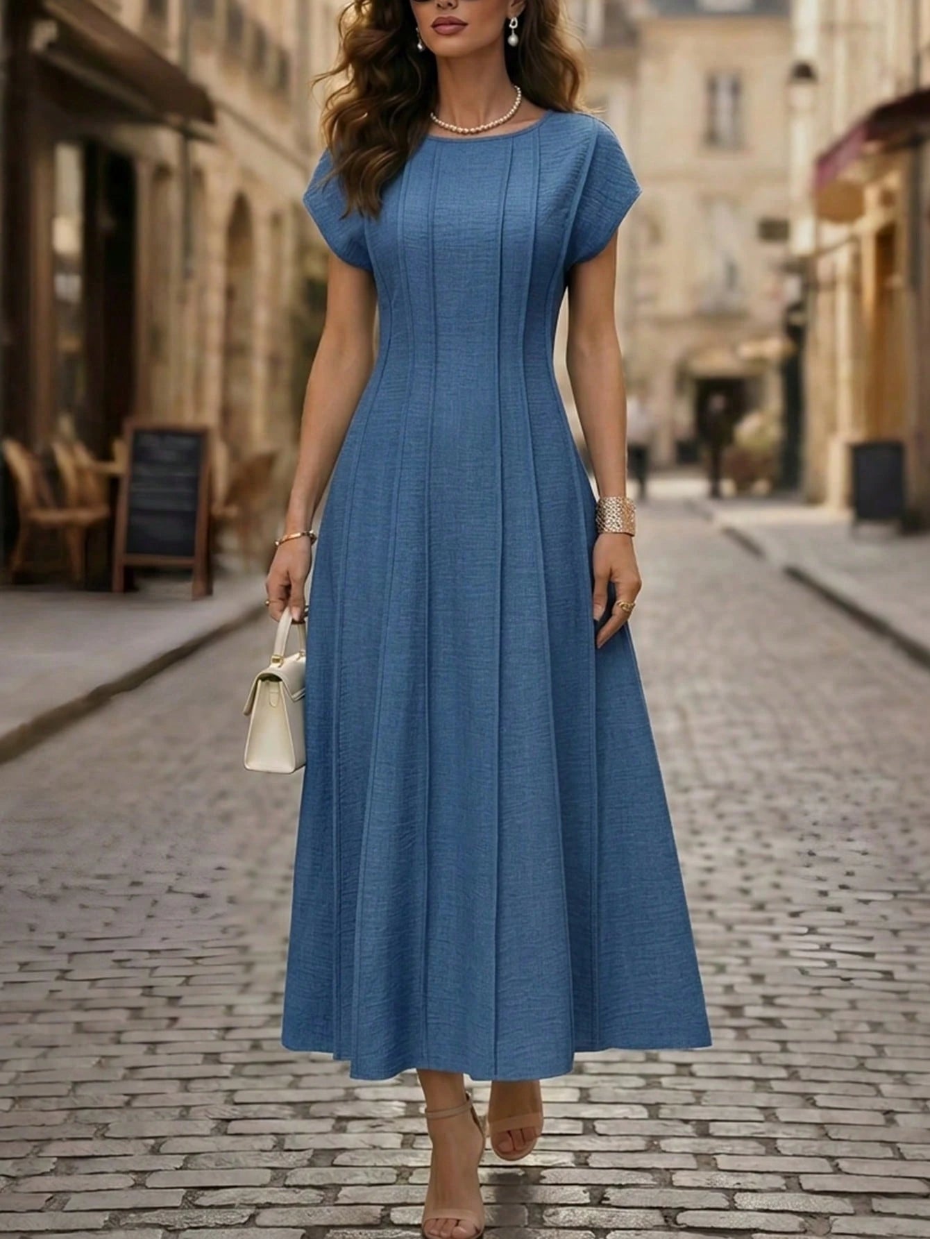 Editum Women's Aqua Blue Elegant Cap Sleeve Dress,Cinched Waist Pleated Midi Dress For Summer,Tea Party,Commuting,Wedding,Easter Festival & Vacation