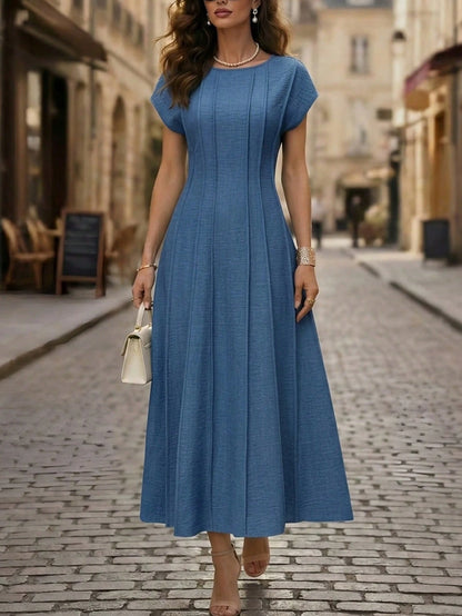 Editum Women's Aqua Blue Elegant Cap Sleeve Dress,Cinched Waist Pleated Midi Dress For Summer,Tea Party,Commuting,Wedding,Easter Festival & Vacation