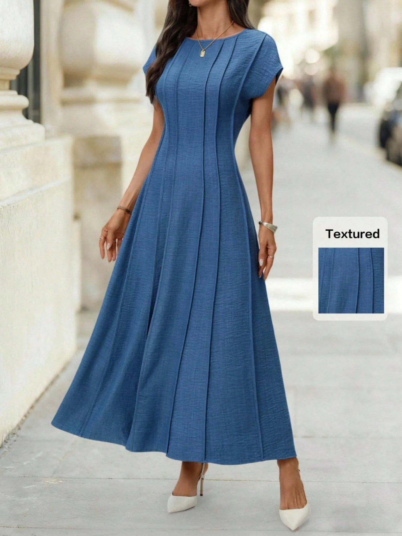 Editum Women's Aqua Blue Elegant Cap Sleeve Dress,Cinched Waist Pleated Midi Dress For Summer,Tea Party,Commuting,Wedding,Easter Festival & Vacation