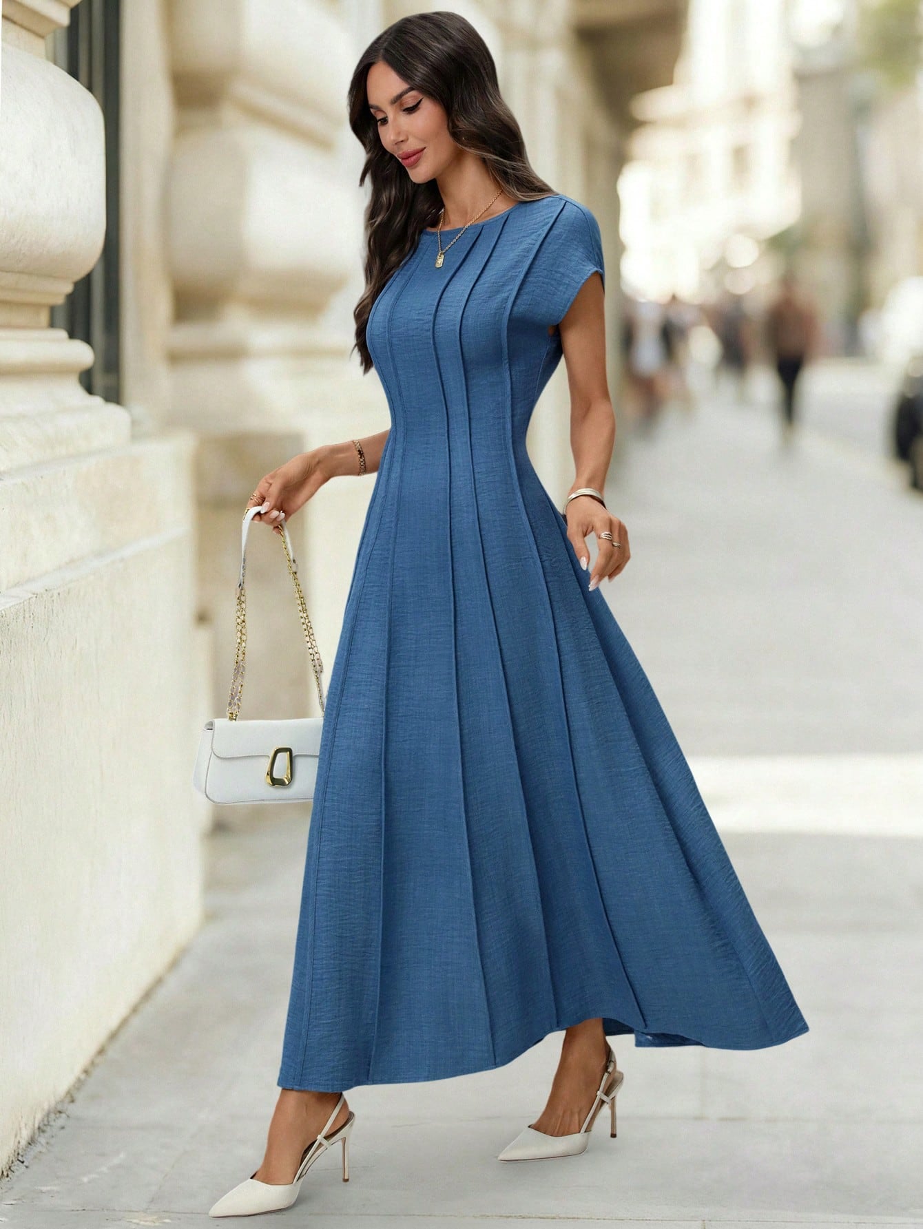 Editum Women's Aqua Blue Elegant Cap Sleeve Dress,Cinched Waist Pleated Midi Dress For Summer,Tea Party,Commuting,Wedding,Easter Festival & Vacation