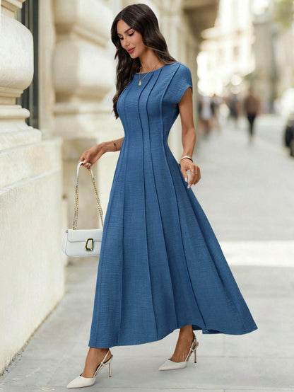 Editum Women's Aqua Blue Elegant Cap Sleeve Dress,Cinched Waist Pleated Midi Dress For Summer,Tea Party,Commuting,Wedding,Easter Festival & Vacation