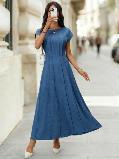Editum Women's Aqua Blue Elegant Cap Sleeve Dress,Cinched Waist Pleated Midi Dress For Summer,Tea Party,Commuting,Wedding,Easter Festival & Vacation