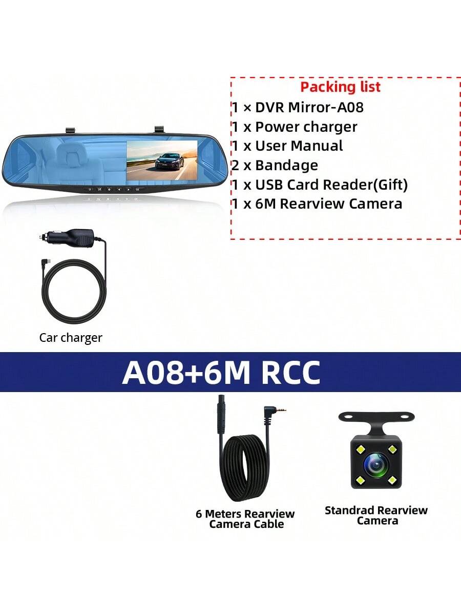 EE-ACE 1080P Full HD Dash Cam With 6MP 720P Rear Camera, 4.3" Rearview Mirror Digital Video Recorder, Dual Lens Dash Cam, Black Box