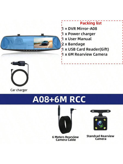 EE-ACE 1080P Full HD Dash Cam With 6MP 720P Rear Camera, 4.3" Rearview Mirror Digital Video Recorder, Dual Lens Dash Cam, Black Box