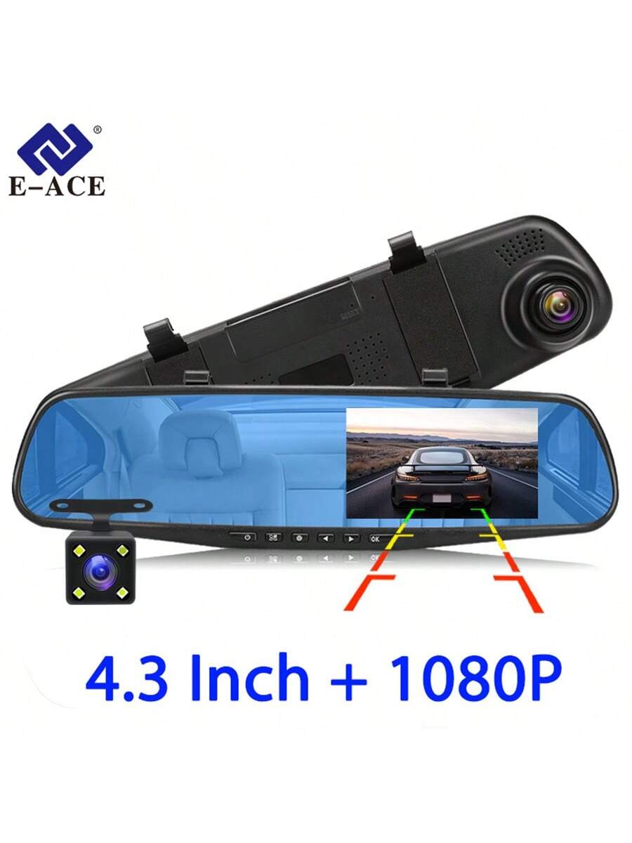 EE-ACE 1080P Full HD Dash Cam With 6MP 720P Rear Camera, 4.3" Rearview Mirror Digital Video Recorder, Dual Lens Dash Cam, Black Box