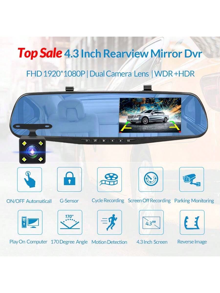 EE-ACE 1080P Full HD Dash Cam With 6MP 720P Rear Camera, 4.3" Rearview Mirror Digital Video Recorder, Dual Lens Dash Cam, Black Box