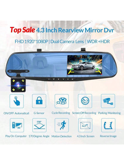 EE-ACE 1080P Full HD Dash Cam With 6MP 720P Rear Camera, 4.3" Rearview Mirror Digital Video Recorder, Dual Lens Dash Cam, Black Box