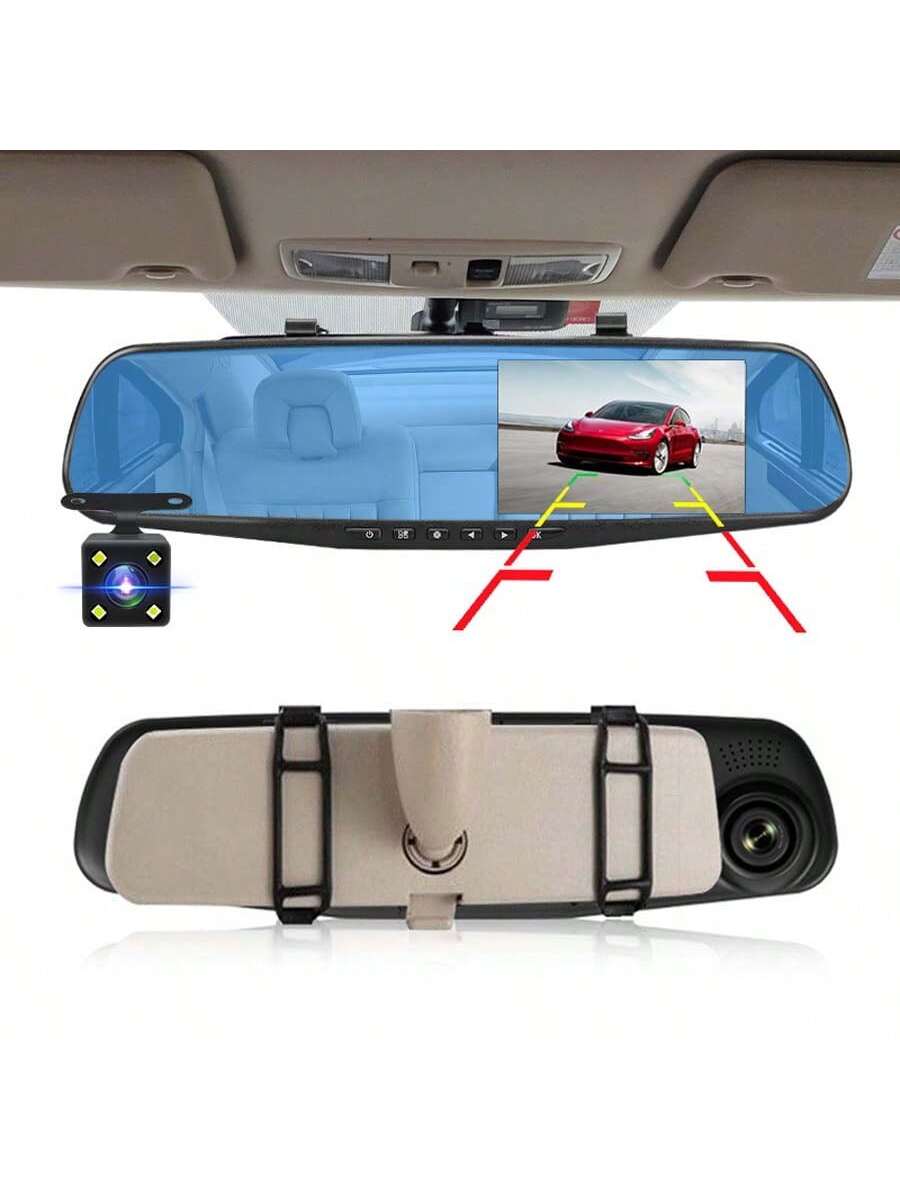 EE-ACE 1080P Full HD Dash Cam With 6MP 720P Rear Camera, 4.3" Rearview Mirror Digital Video Recorder, Dual Lens Dash Cam, Black Box
