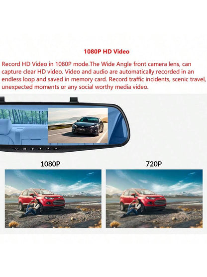 EE-ACE 1080P Full HD Dash Cam With 6MP 720P Rear Camera, 4.3" Rearview Mirror Digital Video Recorder, Dual Lens Dash Cam, Black Box