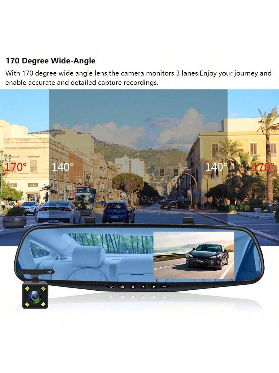 EE-ACE 1080P Full HD Dash Cam With 6MP 720P Rear Camera, 4.3" Rearview Mirror Digital Video Recorder, Dual Lens Dash Cam, Black Box