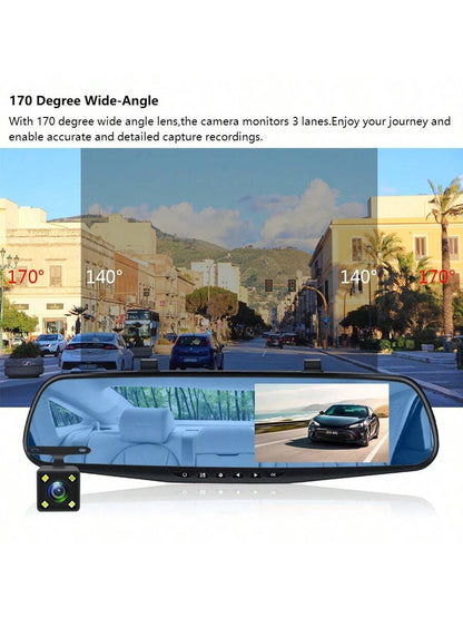 EE-ACE 1080P Full HD Dash Cam With 6MP 720P Rear Camera, 4.3" Rearview Mirror Digital Video Recorder, Dual Lens Dash Cam, Black Box