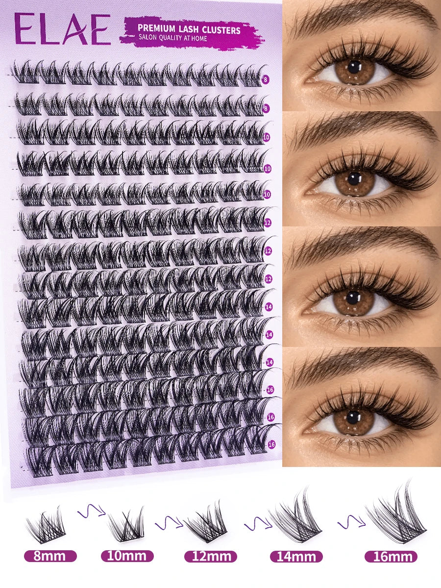 ELAE Fluffy Spiky Manga Lash Clusters 8-16mm Multi-Length DIY Individual False Lashes Easy To Apply Reusable Eyelash Extension For Women