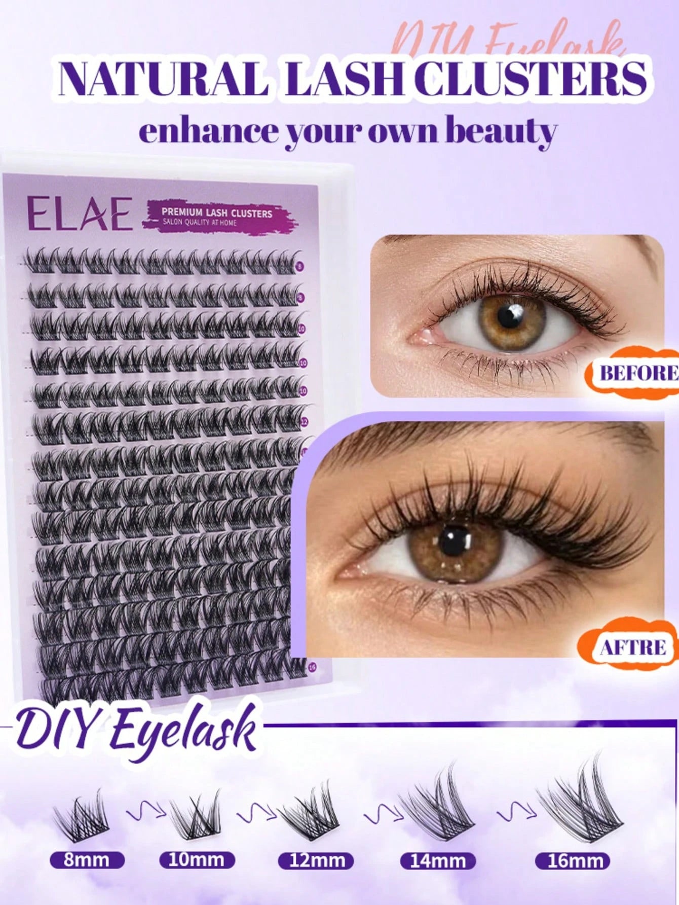 ELAE Fluffy Spiky Manga Lash Clusters 8-16mm Multi-Length DIY Individual False Lashes Easy To Apply Reusable Eyelash Extension For Women