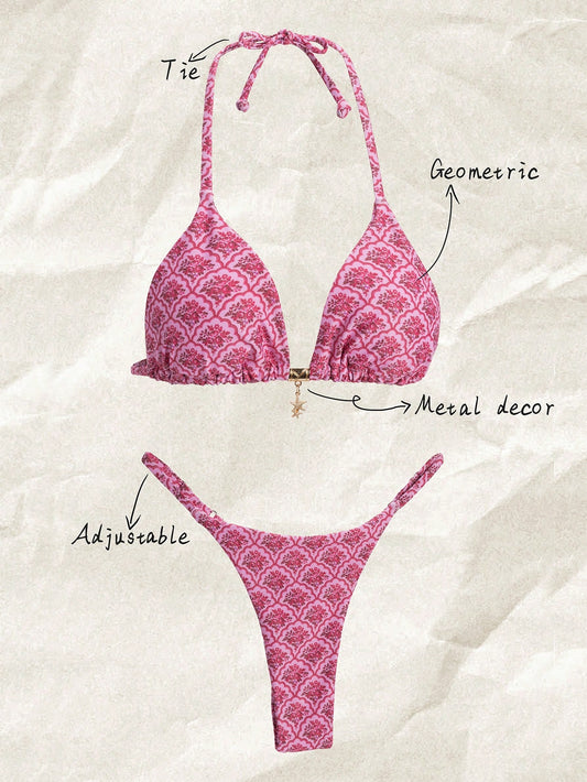 Elavelle Springbreak Women Beachwear Random Floral Print Spaghetti Strap Metal Decor Sexy Bikini Set For Summer Beach Vacation